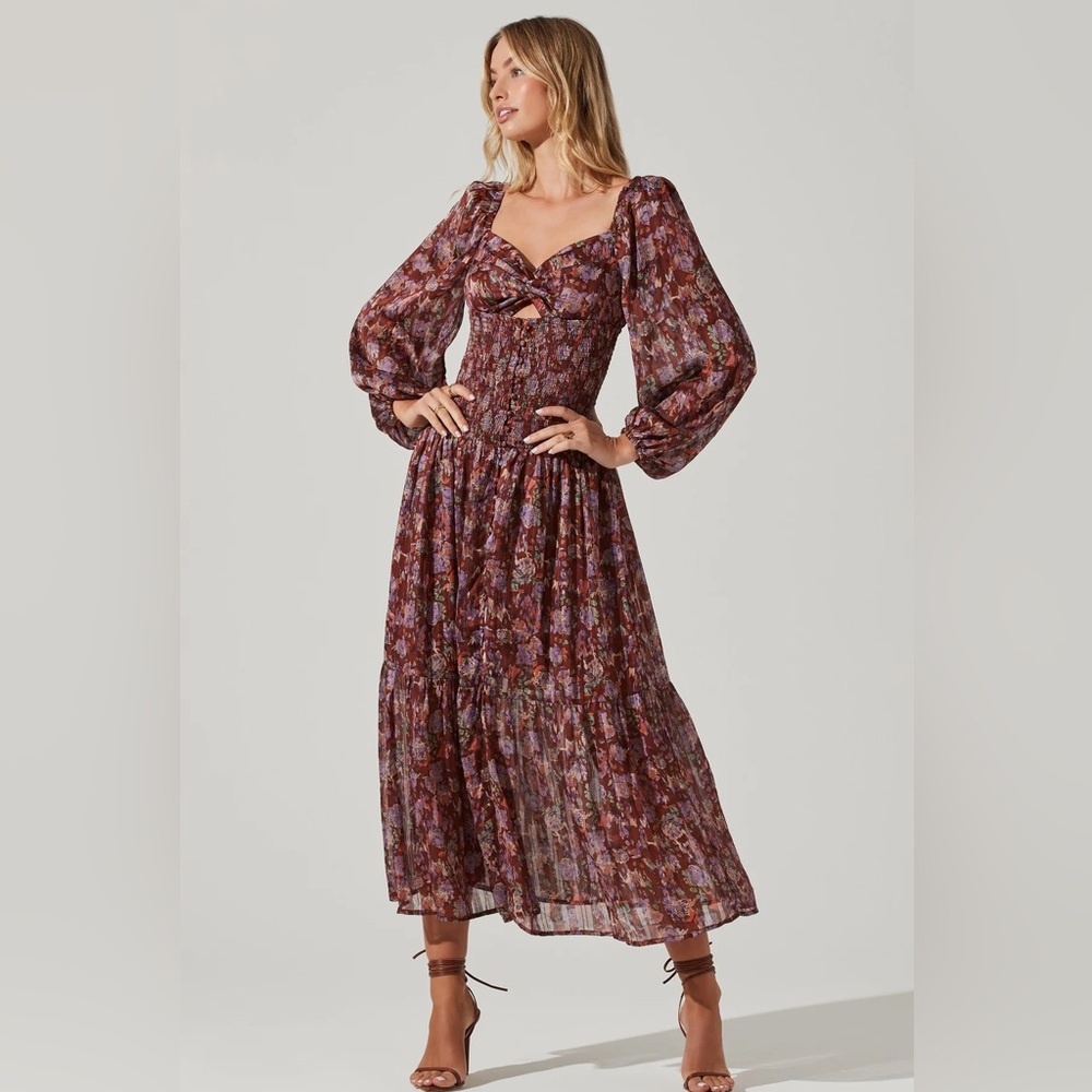 ASTR the Label ARLETTE FLORAL SWEETHEART LONG SLEEVE MAXI DRESS, Size M